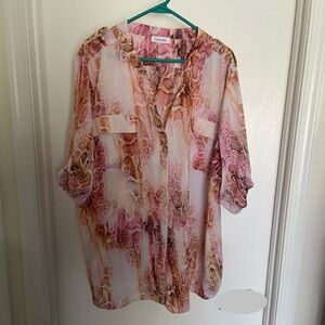Calvin Klein Relaxed Mandarin Collar Blouse in Pink and Orange Snake Print